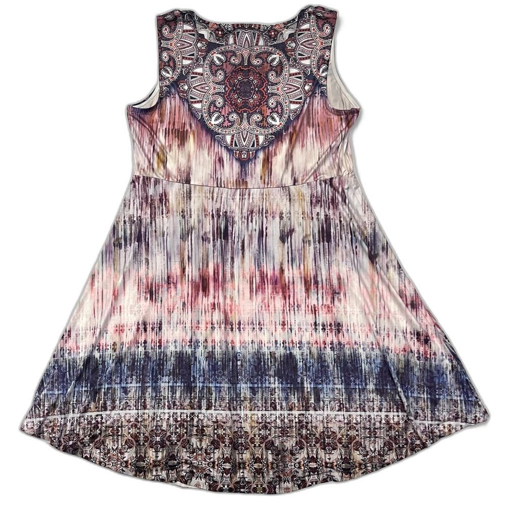 ONE WORLD Live & Let Live Sleeveless Boho Ombre Print Paisley Neckline Dress - Picture 12 of 16